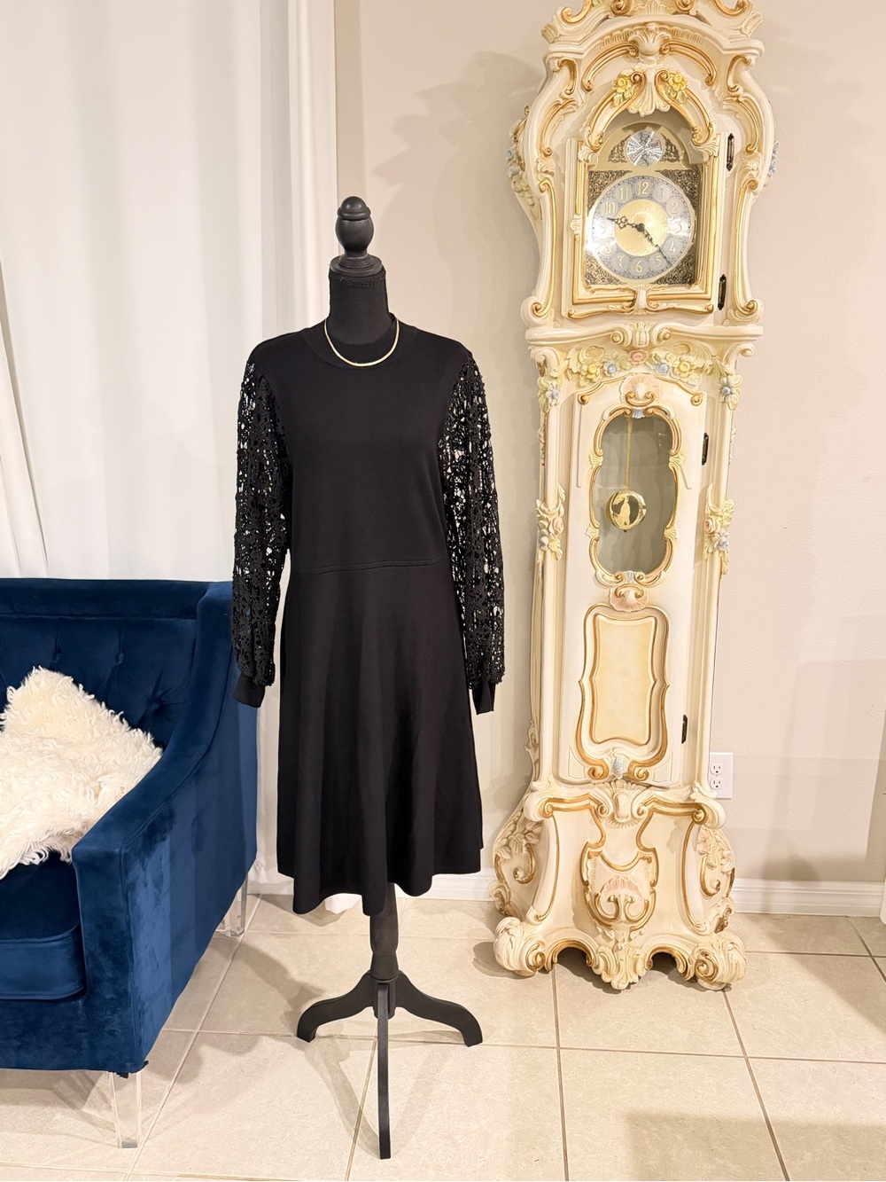 Black Dress with Lace Sleeves - Elegant Women's Dress